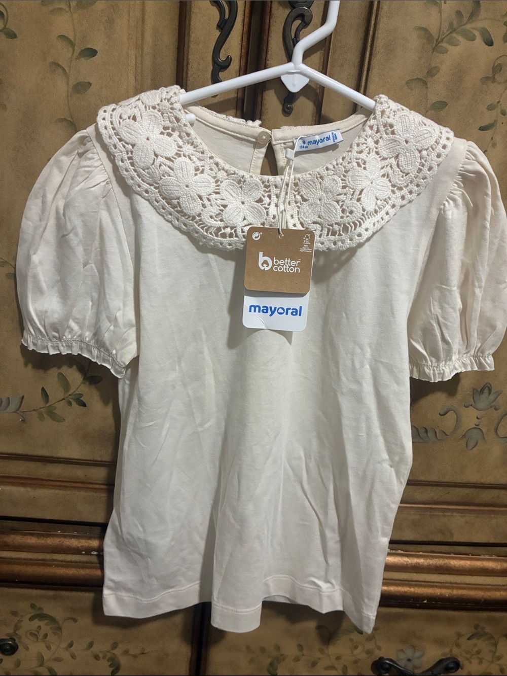 Mayoral Cream Crochet Collar Puff Sleeve Top